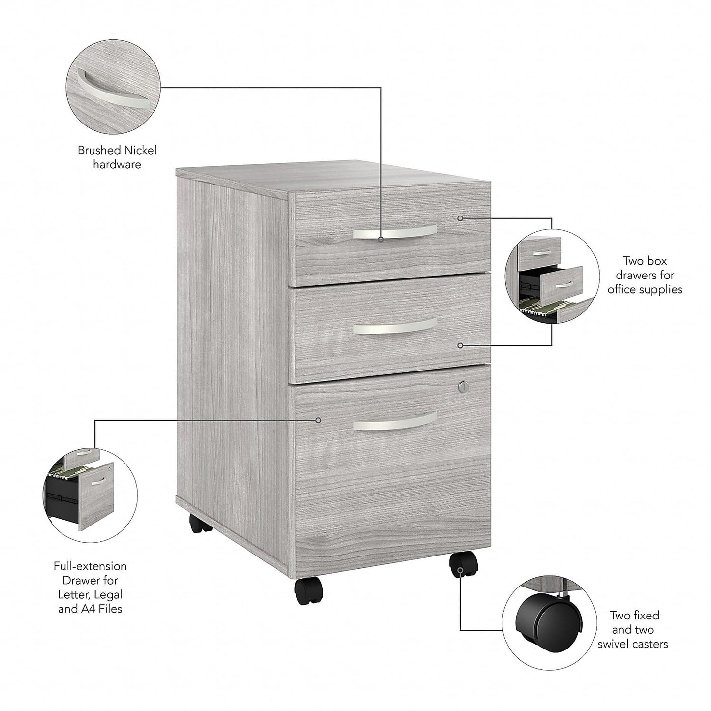 Bush Business Furniture Hustle Office Storage Cabinet with Wheels in Natural Elm, Mobile Organization Unit for Home and Professional Workspace