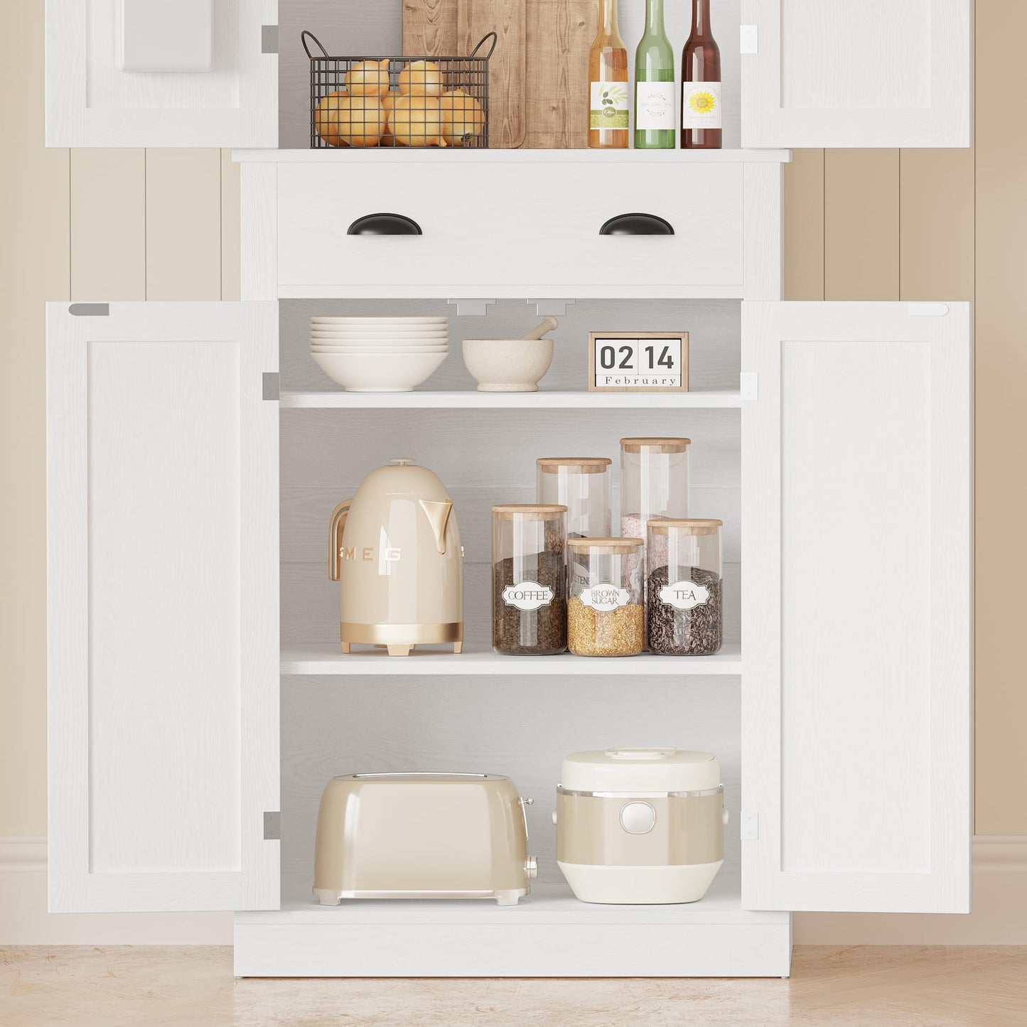 IRONCK Kitchen Pantry Storage Cabinet 72.6" H x 24" W, with Barn Doors, Drawer, 4 Adjustable Shelves, Freestanding Cupboard, Laundry, White