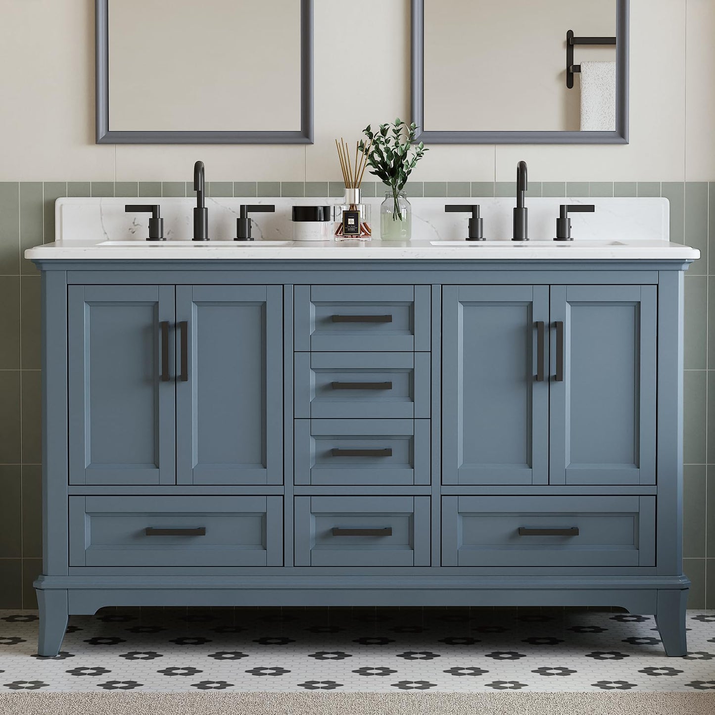 DELUXE LIVING 60 Inch Bathroom Vanity Double Sink, Fully Assembled Solid Wood Frame Double Sink Bathroom Vanity with Soft Closing Doors & Full Extension Dovetail Drawers, Quartz Top, Steel Blue