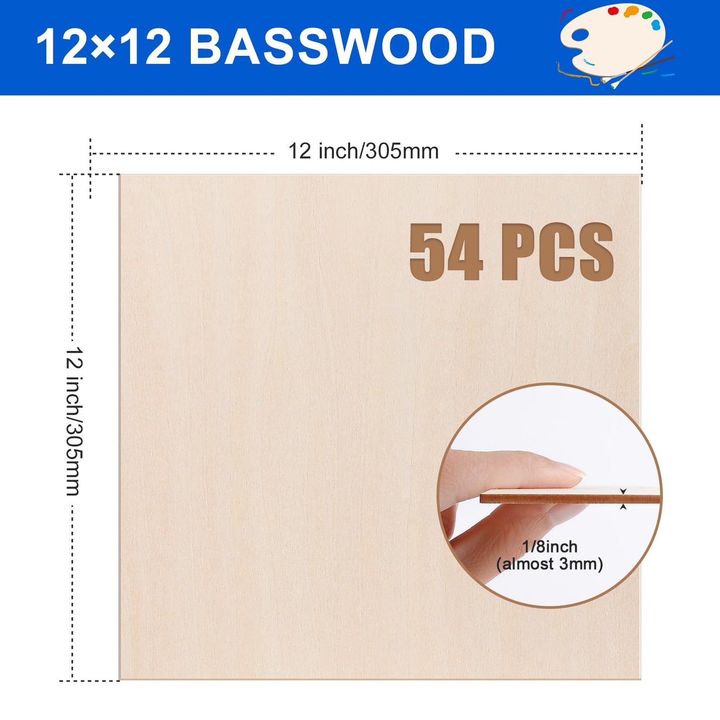 VKIZA 54 Packs Basswood Sheets 12"x12"x1/8", 3mm Basswood for Laser Cutting and Engraving, Thin Plywood Board Unfinished Wood for Crafts, DIY Ornaments and Architectural Model, Wood Burning.