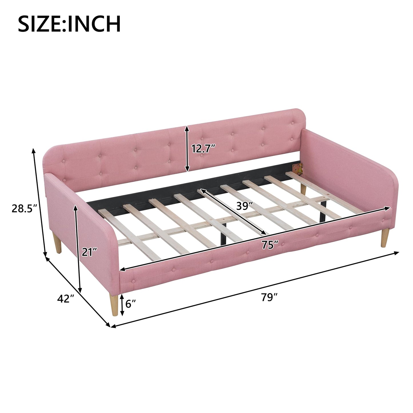 Bellemave Twin Upholstered Daybed with 4 Support Legs, Corner Bed, Upholstered Bedframe for Kids,Teens,Adults, Pink (Linen)