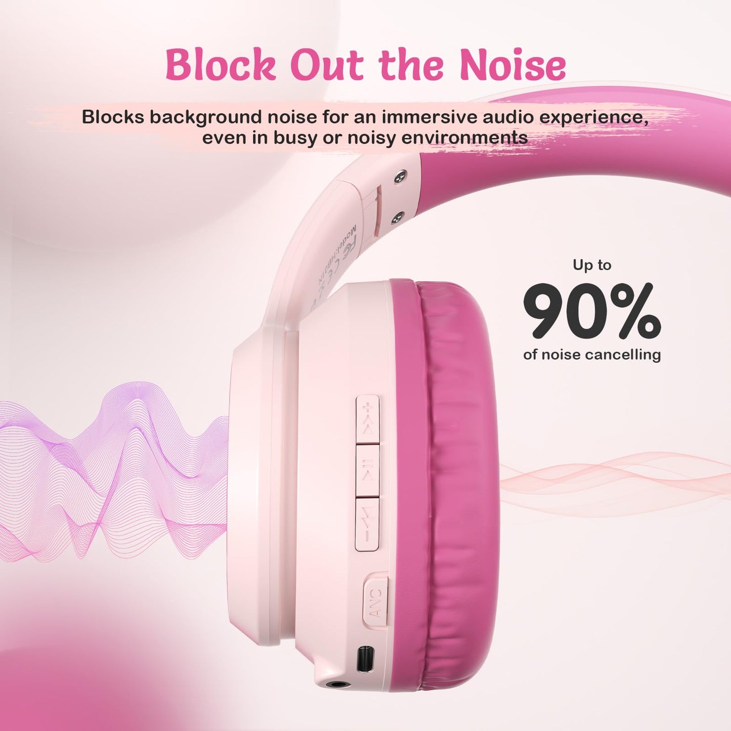 TONOSHARK Kids Bluetooth Headphones with Active Noise Cancelling, Wireless Over-Ear Headphones for Boys Girls, Foldable, Adjustable, 40H Playtime, Mic for School Travel(Pink)