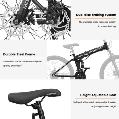 Ecarpat 26 Inch Folding Mountain Bike, 21 Speed Full Suspension High-Carbon Steel MTB, Dual Disc Brake Foldable Bicycle, Folding Bikes for Adults Men Women