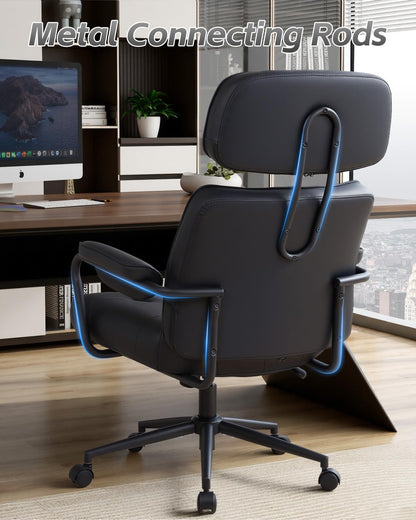 Mid Century Modern Home Office Desk Chair, Ergonomic Office Chair Big and Tall, High Back Executive Office Chair Leather Extra Wide, Computer Chair Comfy, Adjustable Height Rolling Chair, Black
