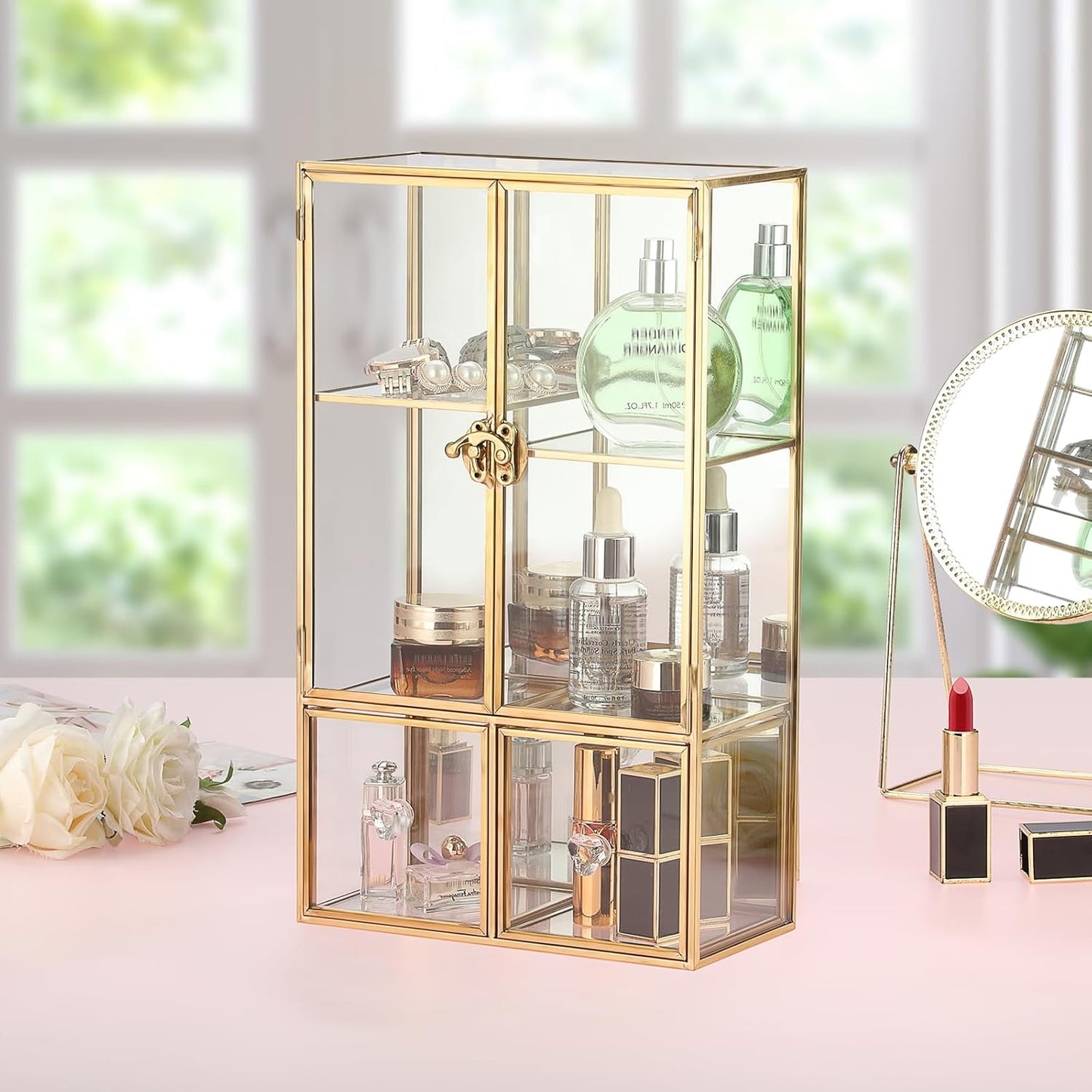 ELLDOO Clear Glass Storage Box with 2 Drawers, Gold Mirrored Jewelry Makeup Display Organizer Case