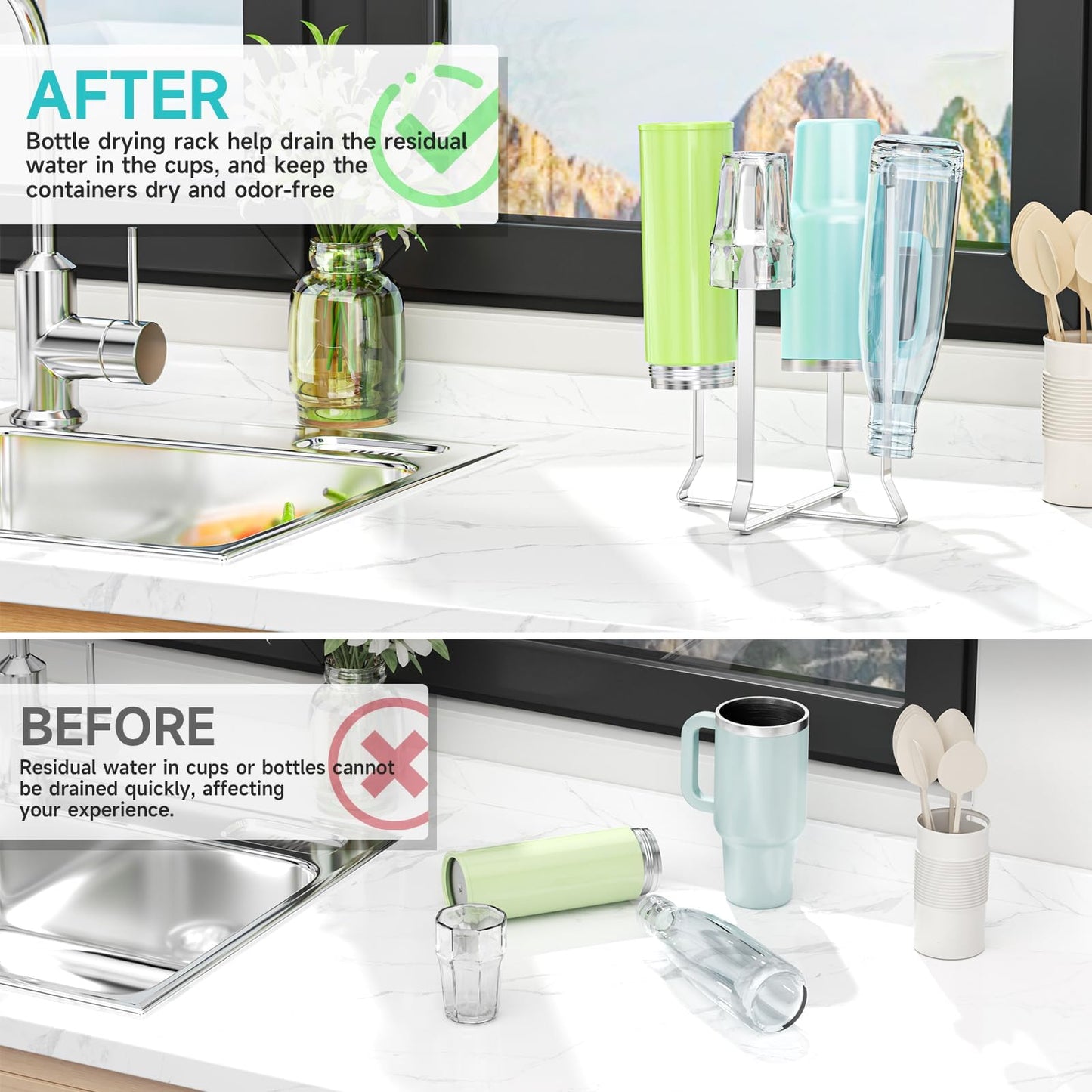 Bottle Drying Rack Reusable Drying Rack for Bottles Metal Foldable Water Bottle Dryer Holder Space Saving Cups Dryer Racks Kitchen Stand Holder for Plastic Bags, Bottles and Cups (Silver, 1PC)