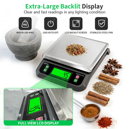 Large Digital Kitchen Scale 88lbs/40kg with 6 Unit Stainless Stee Food Scales with Tare and PCS Funtion LCD Display for Baking, Bread, Cooking, Meat, Vegetables, Farm with Adapter Grey