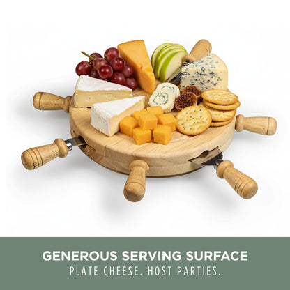 PICNIC TIME Mariner Cheese Board and Knife Set, Novelty Charcuterie Board Set with Stainless Steel Tools Housed in Helm Case Under the Lid, Swivel-Open Serving Platter, and Charcuterie Set, (Parawood)
