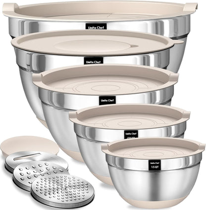 Umite Chef Mixing Bowls Set - 8PCS Stainless Steel Nesting Bowls with Airtight Lids & Grater | Non-Slip Bottoms, 1.5QT to 5QT