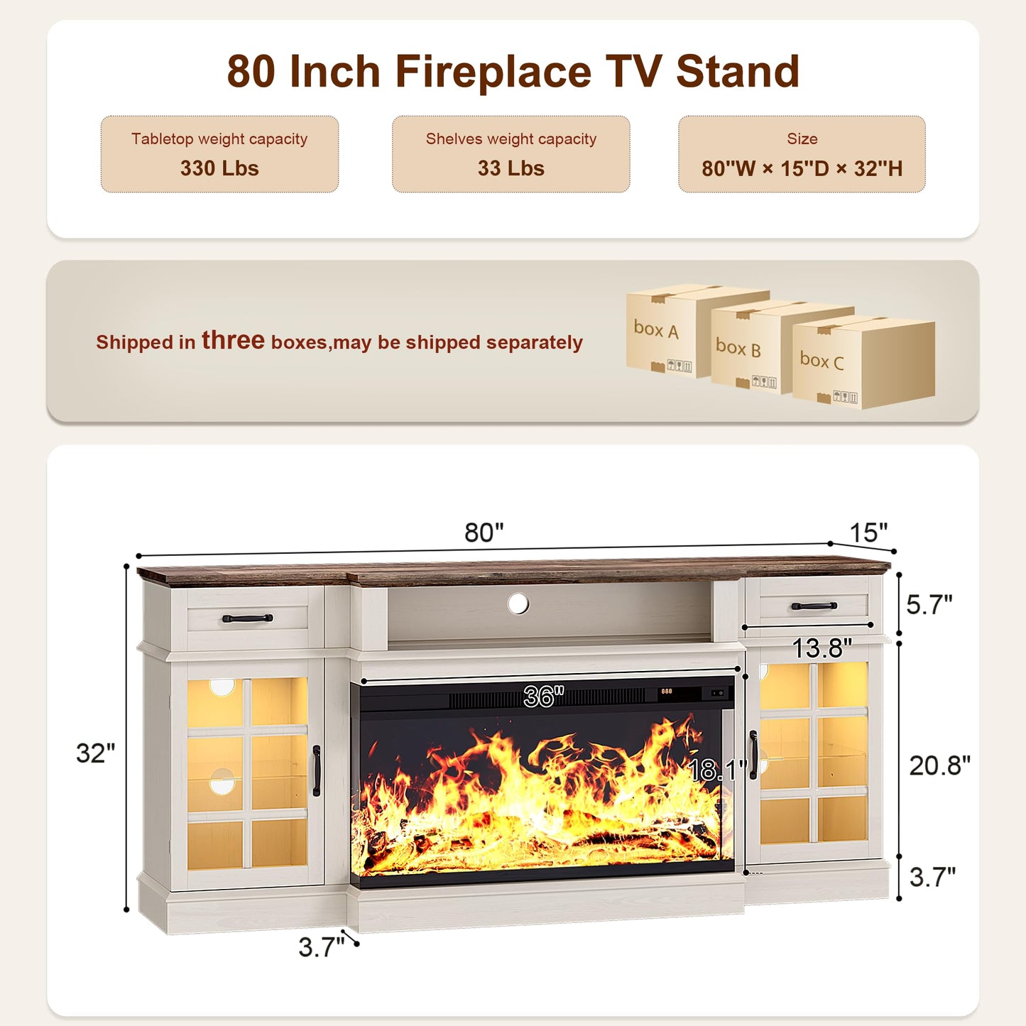 MXV 80" Fireplace TV Stand, 3-Sided Glass Fireplace and Modern Entertainment Center, Wooden Media Console with Glass Doors & Storage Drawers, LED Light, for Living Room, White