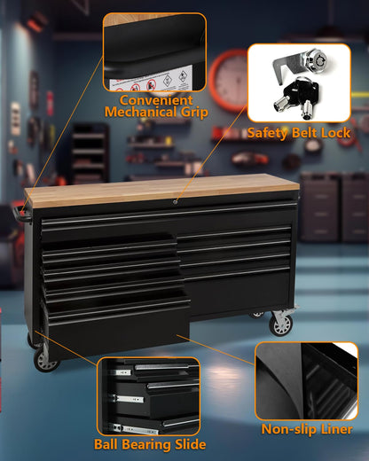 GarveeTech 61-Inch Heavy-Duty Rolling Tool Chest & Mobile Workbench with 9 Drawers, Rubber Wood Tabletop, Key Locking System, Drawer Liners and Wheels, Steel Storage Cabinet for Garage, Workshop