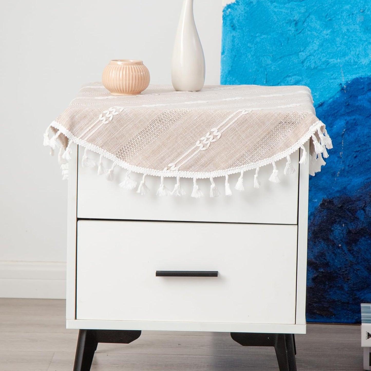 24 Inch Round Linen Light Coffee Small Tablecloth Farmhouse Embroidered Bedside Table Cover Washable Wrinkle Resistant