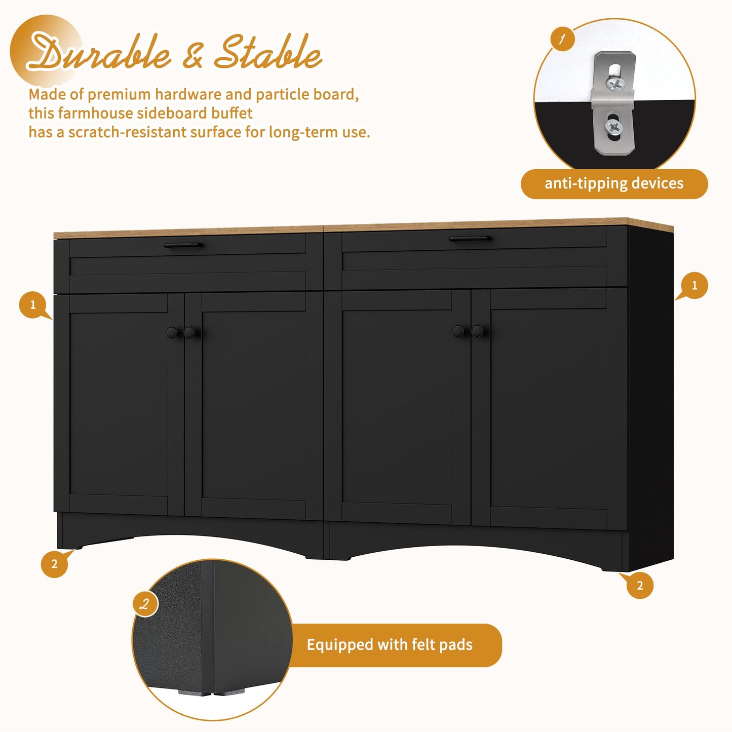 Ball & Cast Farmhouse TV Stand with 2 Drawers for TVs up to 70",Wood Grain Sideboard Buffet Cabinet w/Rustic Handles and Adjustable Shelf,Entertainment Center for Living Room,Bedroom,Black
