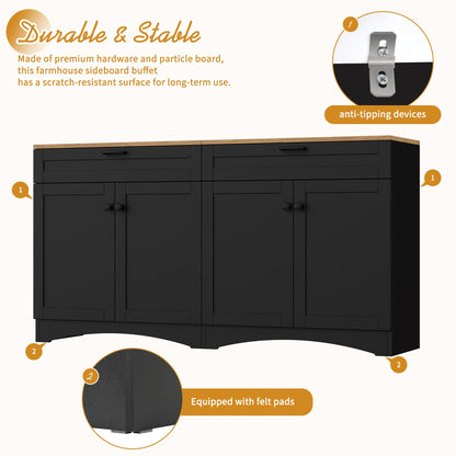 Ball & Cast Farmhouse TV Stand with 2 Drawers for TVs up to 70",Wood Grain Sideboard Buffet Cabinet w/Rustic Handles and Adjustable Shelf,Entertainment Center for Living Room,Bedroom,Black