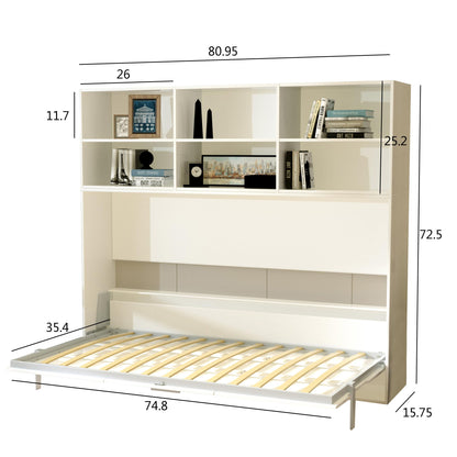 YOPTO Twin Size Horizontal Murphy Bed Chest with Double Layer Storage Shelf,Wood Hidden Cabinet Platform Bed W/Gas Struts,Space Saving,Wall Bed Frame for Bedroom,Guest Room,Apartment,White