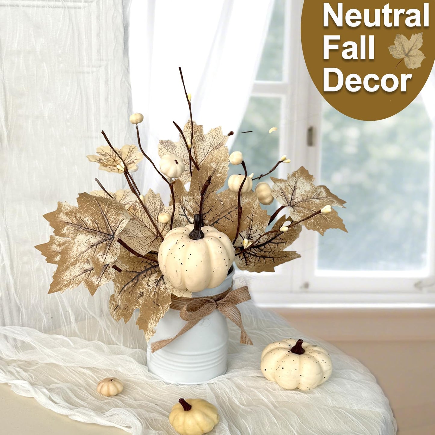 2 Pack 12" Thanksgiving Decorations Thanksgiving Centerpieces for Dinner Table Potted White Maple Arrangement in Metal Pot White Pumpkin Berried Autumn Thanksgiving Table Decor for Home Kitchen Office
