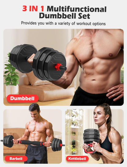 Adjustable Dumbbells, 20/30/40/55/60/70/80/90lbs Free Weights Dumbbells Convertible 2 or 3 in 1 Set Used as Barbell, Kettlebells, A Pair of Lightweight for Home Gym