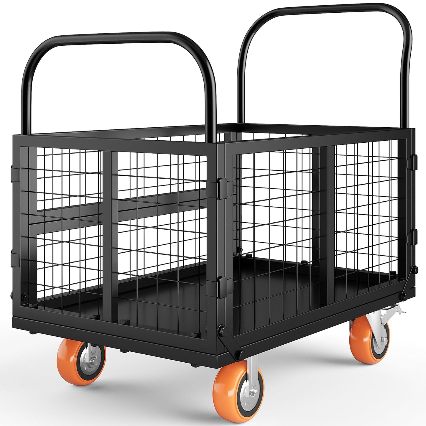 Platform Truck Cart with Cage, Multipurpose 6 in1 Foldable Flatbed Cart Heavy Duty Push Cart Dolly w/Swivel Wheels 1800Lbs Capacity Utility Hand Cart for Grocery, Laundry, Garage, Warehouse