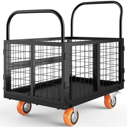 Platform Truck Cart with Cage, Multipurpose 6 in1 Foldable Flatbed Cart Heavy Duty Push Cart Dolly w/Swivel Wheels 1800Lbs Capacity Utility Hand Cart for Grocery, Laundry, Garage, Warehouse