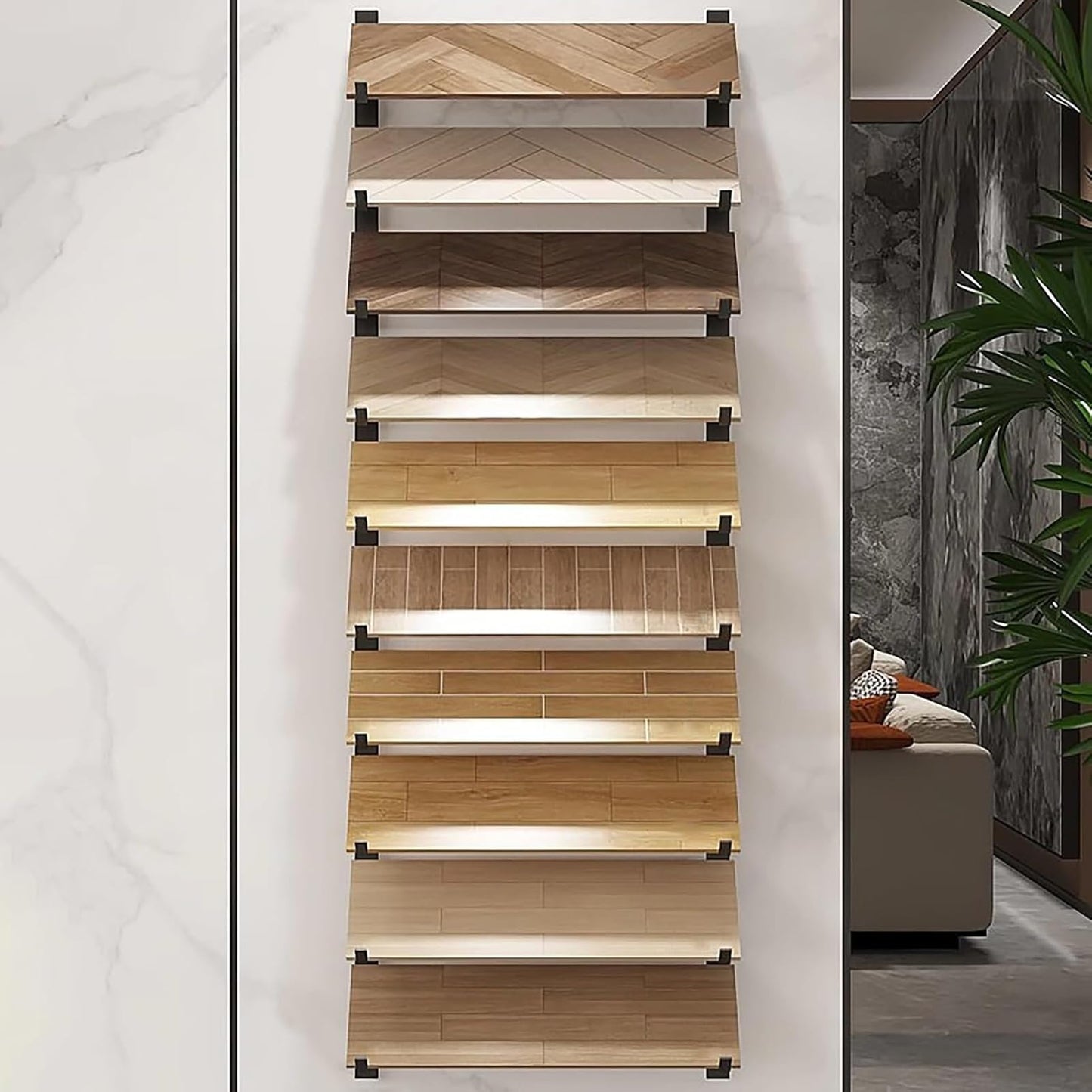 Floor Tile Sample Rack,Wall Mounted Tile Sample Display Rack - 10 Tier Metal & Wooden Storage Holder, Heavy Duty Floating Shelf for Retail Stores, Ceramic & Floor Tiles (White 20.5x140cm)