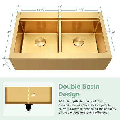 Gold Double Bowls Kitchen Sink, 33" x 22" Drop In Kitchen Sink, 50/50 Double Bowls Farm Sink, 16 Gauge Stainless Steel Workstation Sink, 33 inch Top Mount Deep Double Sinks
