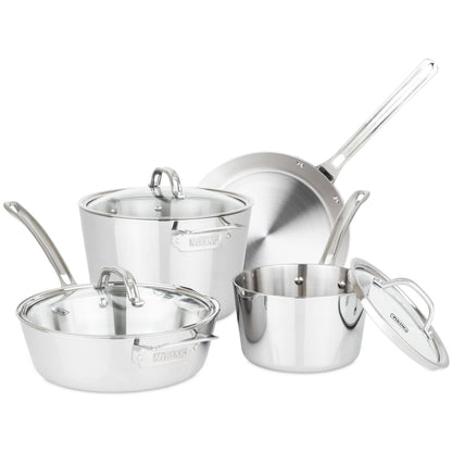 Viking Contemporary 3-Ply Pots and Pans Set, 7 Piece Stainless Steel Kitchen Cookware, Silver