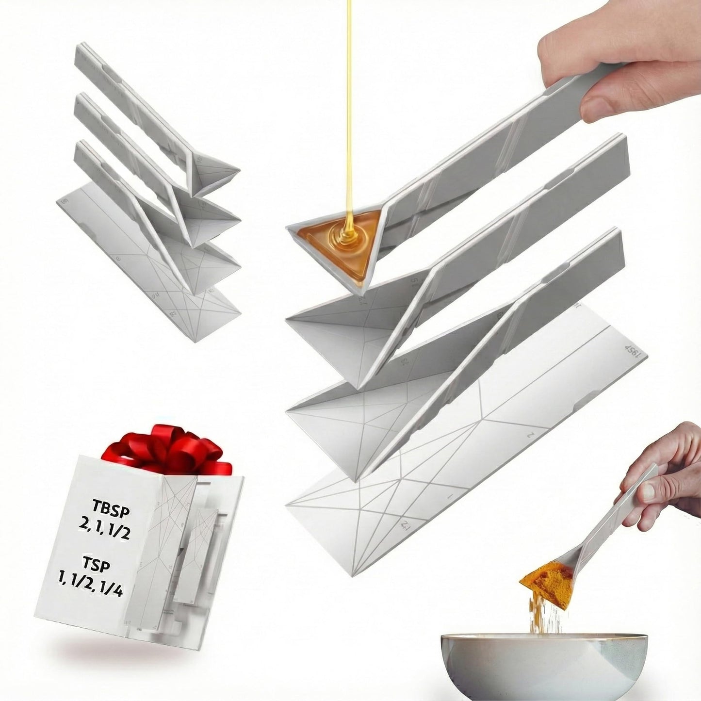 POLYGONS - Original Flat 3-in-1 Folding Measuring Spoons | 2 Spoons fold into 6 Sizes | Magnetic | DuraBend Tech lasts 100k+ folds | LeakProof for Wet & Dry | Gift Packaging | Baking/Cooking (White)