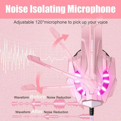 BENGOO G9000 Professional Gaming Headset for PS4, PC, Xbox One Controller, Noise Cancelling Over Ear Headphones with Mic, LED Light, Bass Surround, Soft Memory Earmuffs for Laptop - Pink