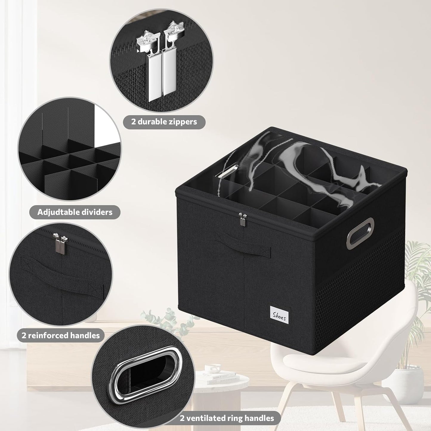 FHSQX Shoe Organizer for Closet, Fits 12 Pairs, Clear Cover Shoe Storage Bins with Adjustable Dividers