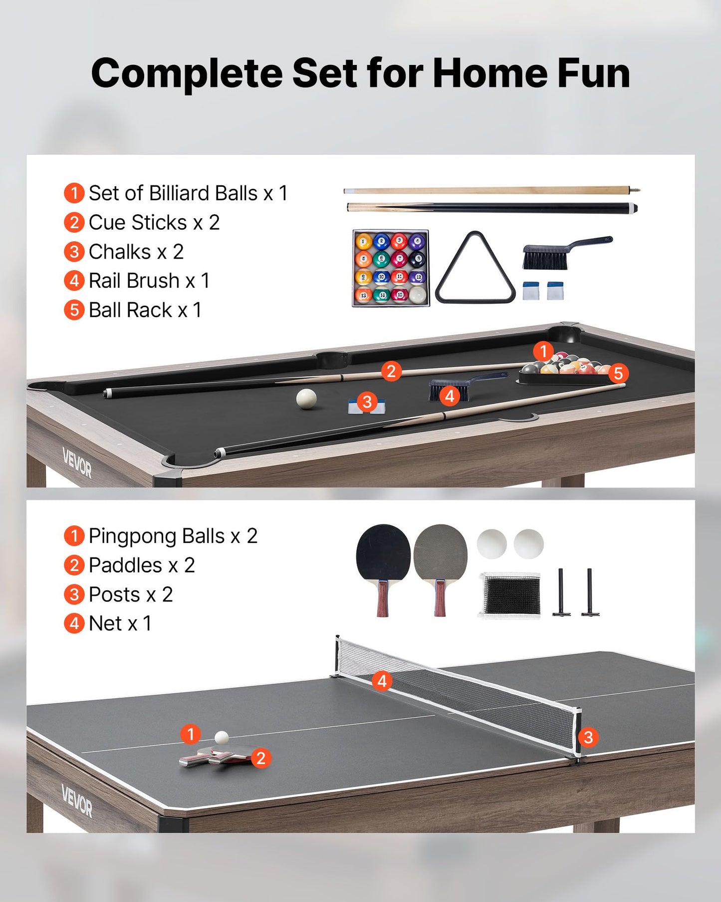 VEVOR 7ft Pool Table Combo Set, 3-in-1 Multi Game Billiards Tables with Dining Top and Ping Pong, 2 Benches for Storage and Accessories, Includes Ball Cue Rack Chalk Brush, for Family Recreation Room