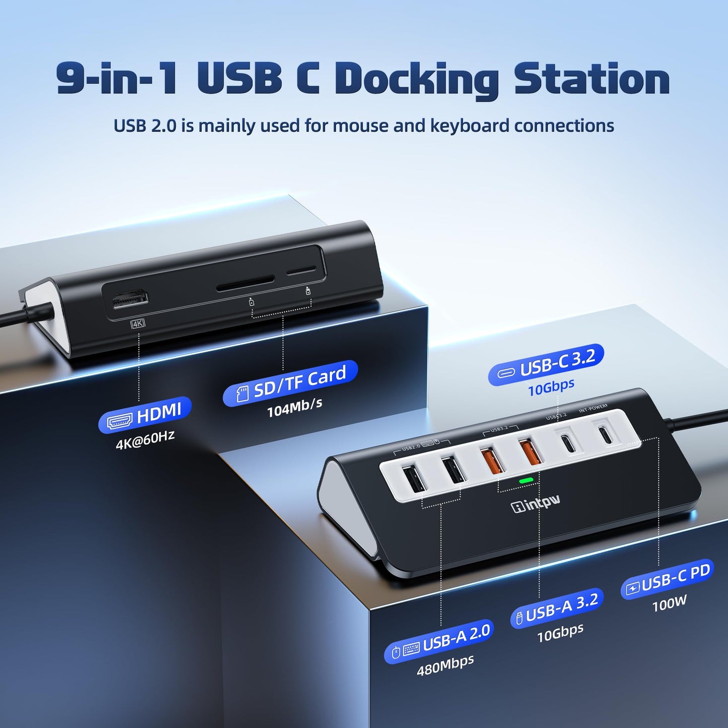 USB C Hub 10Gbps, 9-in-1 USB 3.2 Hub with 4K@60Hz HDMI, Type-C 3.2, 2 USB-A 3.2, 2 USB-A 2.0, PD 100W, SD/TF Slot, Aluminum USB Hub for Laptop, iPhone 16/15 Series, MacBook Air/Pro and More