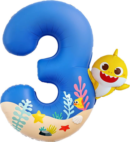 Baby Shark | PartyWoo 40-Inch Blue Foil Number 3 Balloon - Mylar Helium Birthday Decoration for Kids