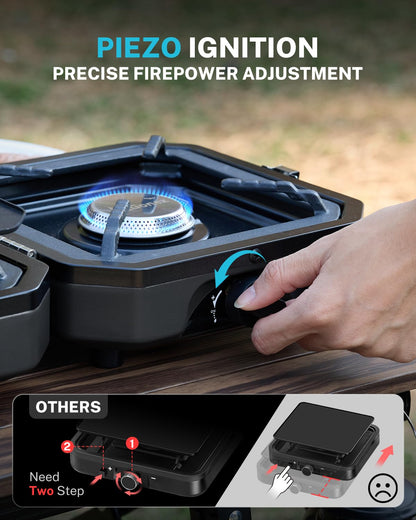Gonex 2 Burner Propane Camping Stove with Griddle & Grates, Portable Foldable Cooking Stove with Total 16,000 BTU, Two Piezo Ignition Adjustable Burners for Camping, Patio, Emergency, Hiking (Black)