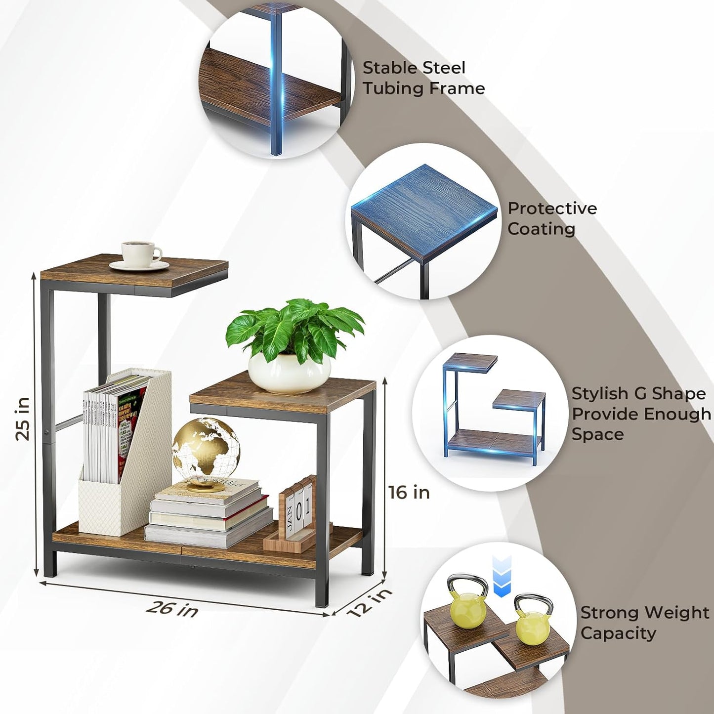 G-Shaped End Table - Small Side Table for Living Room, Bedside Table with Storage Shelf, Corner Tables for Small
