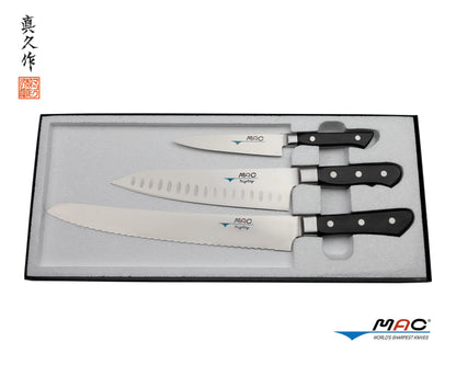 MAC Knife set Professional series 3-piece PRO-31, MTH-80 Pro series 8" Chef's knife w/dimples, PKF-50 Pro series 5" Paring knife, MSB-105 Pro series 10.5" Bread/Roast slicer, made in Japan