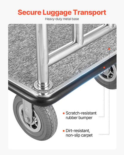 VEVOR Hotel Luggage Cart, Brushed Stainless Steel Finish Bellman's Cart, 1200 LBS Valet Cart with Grey Carpeted Deck and 8-inch Rubber Wheels, Ideal for Hotels, Condos, Resorts, Silver