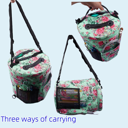 WAZAIGUR Green Flowers Pattern Large Capacity Multifunctional Crocheting Knitting Project Bag Strong Yarn Storage Organizer Bag Tote Travel Crochet Needles Bag