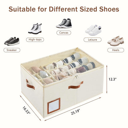INSTY Shoe Organizer for Closet Fit 24 Pairs, Large Foldable Shoe Storage Containers Box Bin w/Adjustable Dividers and Clear Cover, Space Saving Shoe Storage Organizer Box, Beige