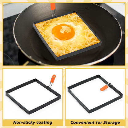 Patelai 6 Pack Square Egg Ring 4 Inch and 6 Inch Stainless Steel Frying Egg Molds Griddle Pancake Shapers with Orange Silicone Handle Oil Brush for Household Breakfast Omelette Sandwich Cooking Tool
