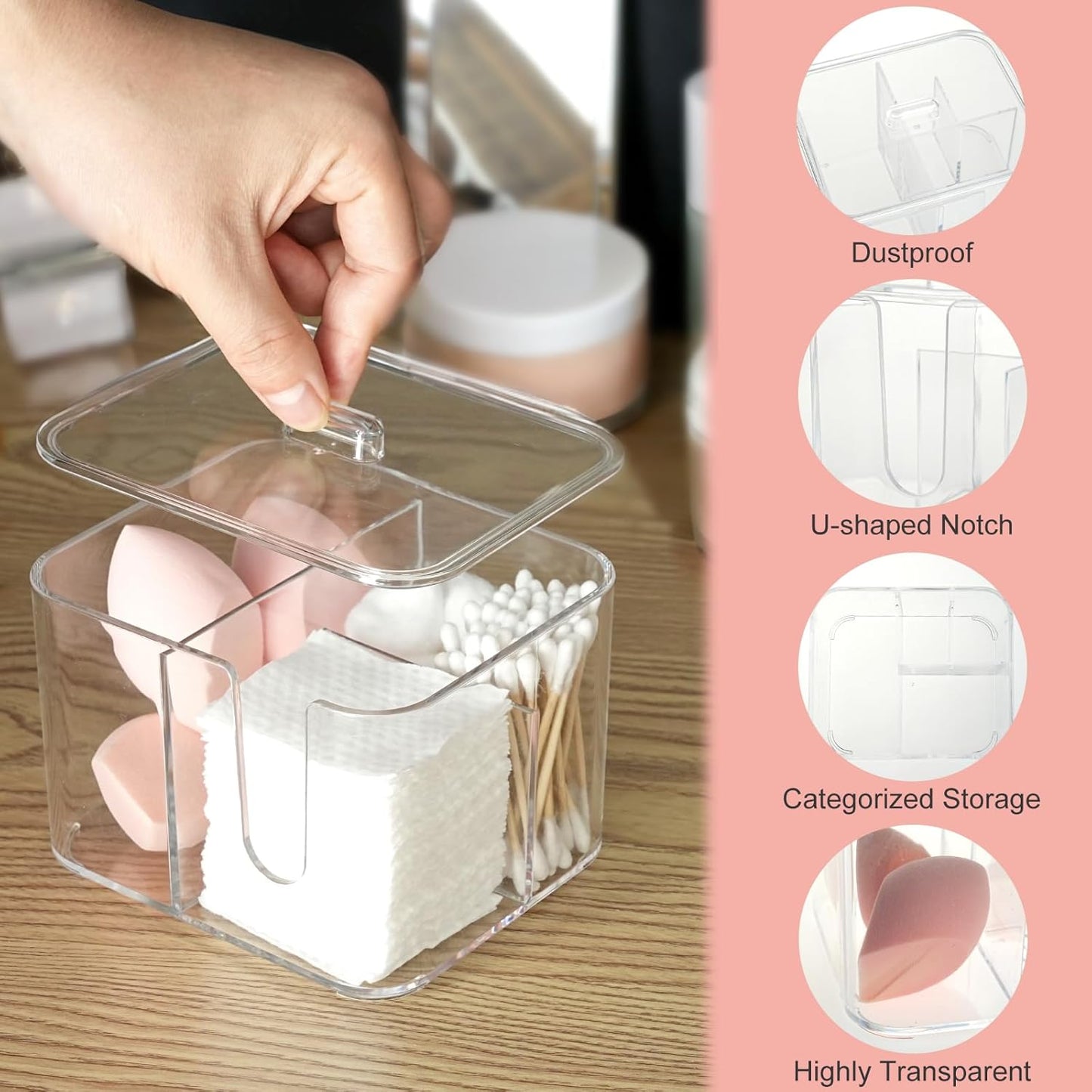 Qtip Holder - Clear Acrylic Cosmetic Items Storage Dispenser for Bathroom Vanity Countertop, 4 Compartments