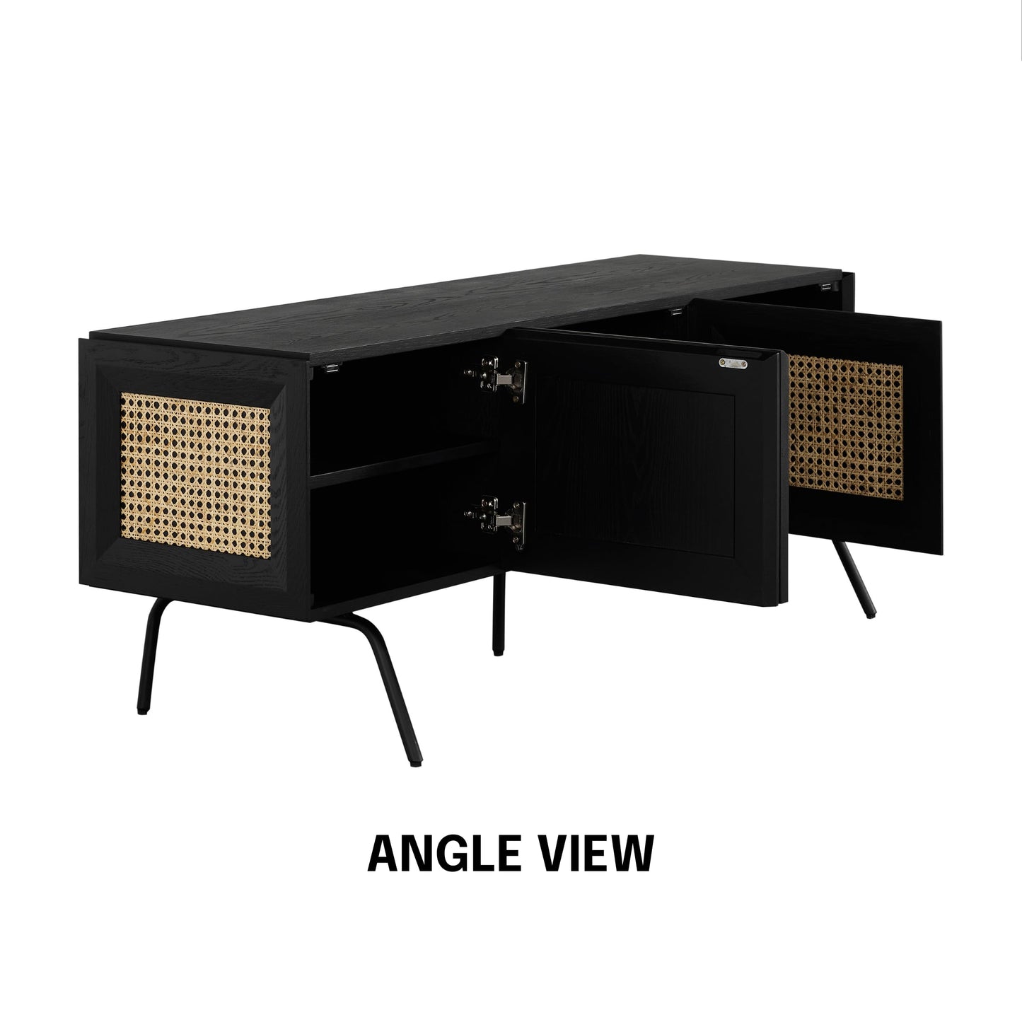 NTC Mossic TV Media Cabinet with 3 Doors for TVs, Entertainment Center with Natural Rattan, Metal Legs, Modern Storage Console for Living Room and Bedroom, Effortless Assembly, Burnt Black