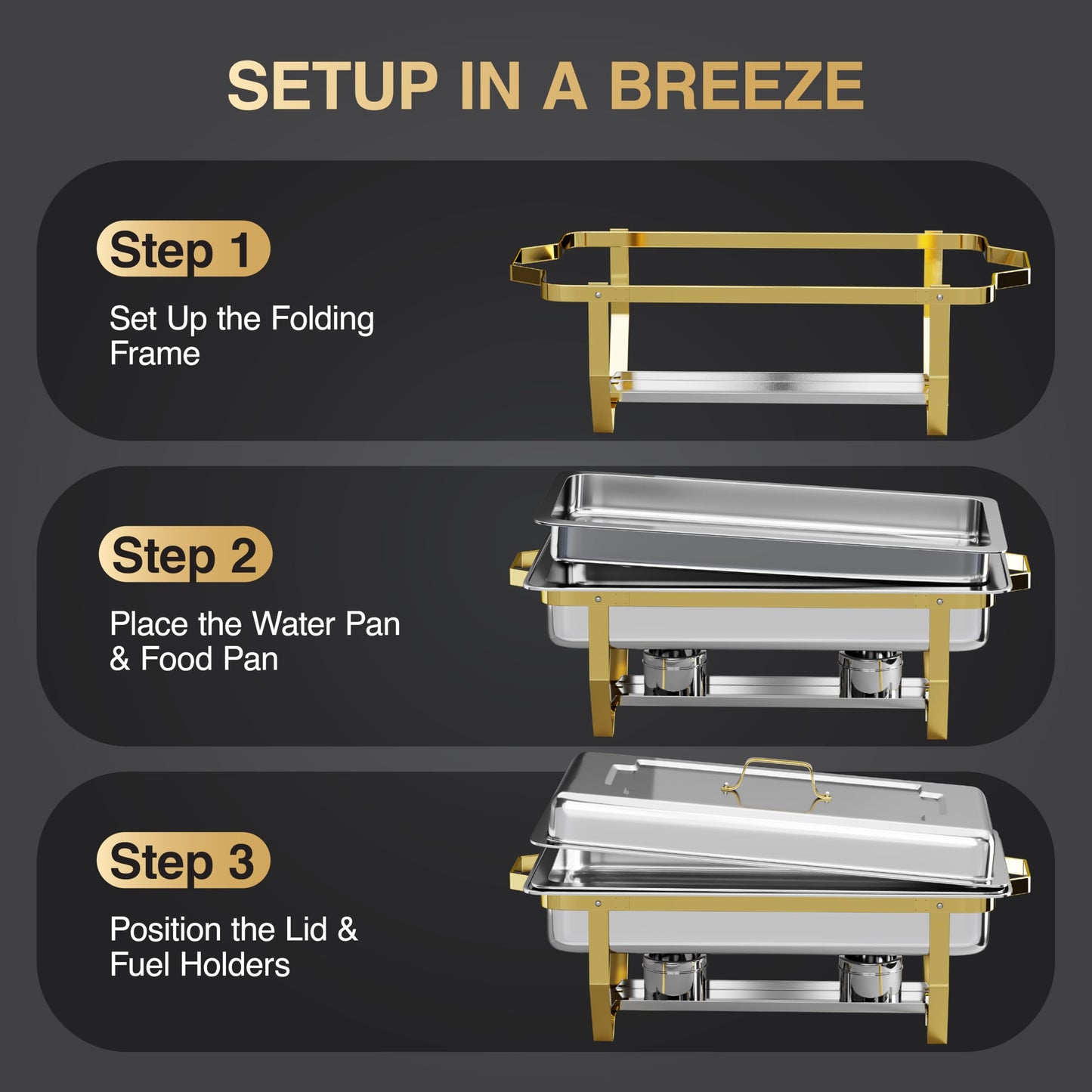 Gold Chafing Dishes for Buffet 4 Pack (7 Pans + Utensils) - 9QT Stainless Steel Chafing Dish Buffet Set - Food Warmers for Parties Buffet - Buffet Servers and Warmers (4 PACK + 7 PANS + 7 UTENSILS)