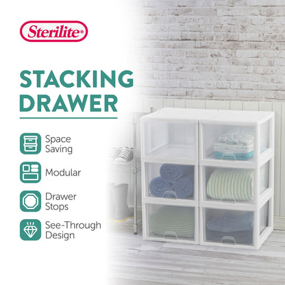 Sterilite 16-Pack 27 Quart Stacking Drawer, Clear Storage Closet Organizer, White Frame - Stackable Modular Plastic Drawers for Clothes, Accessories, Craft Supplies, Shoes or Linens
