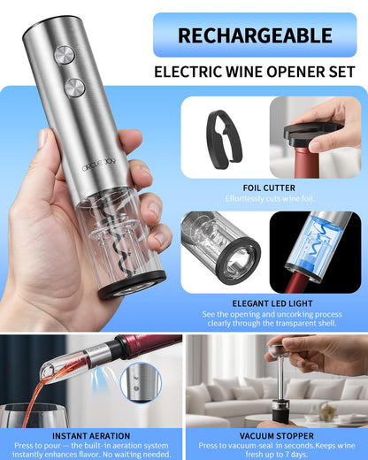 CIRCLE JOY Electric Wine Opener Stainless Steel Rechargeable Automatic Wine Bottle Opener Set 7-in-1 Wine Gifts for Wine Lovers with Charging Base, Foil Cutter, Wine Aerator Pourer & 2 Vacuum Stoppers