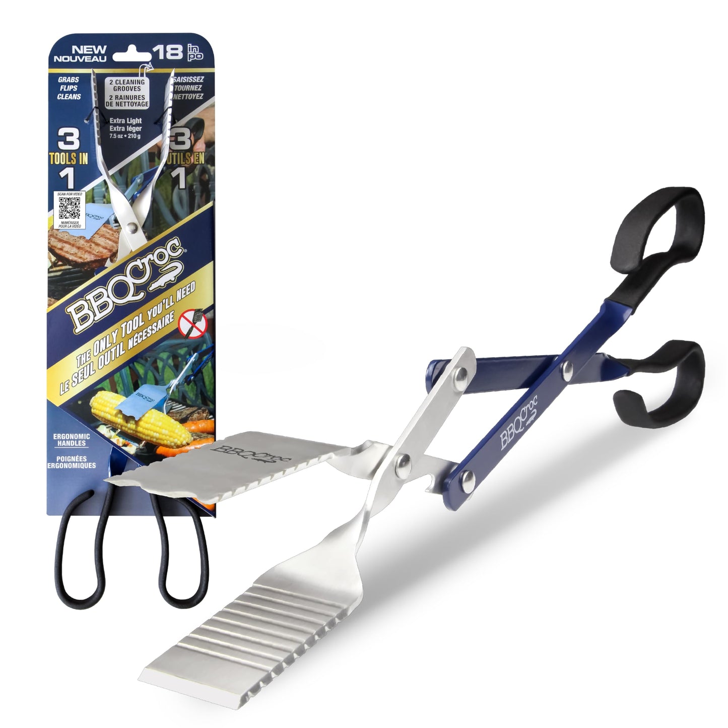 3 in 1 Barbecue Tool 18-inch by BBQ Croc - Light and Long Tongs, Spatula and Grill Scraper (Blue) (18 inch Without Flashlight)