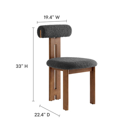 Modway Torian Upholstered Boucle Dining Chairs Set of 2 in Walnut Charcoal - 3-Legged Farmhouse Kitchen Chairs - Mid-Century Modern Armless Accent Chairs - Comfortable Side Chairs with Wood Legs