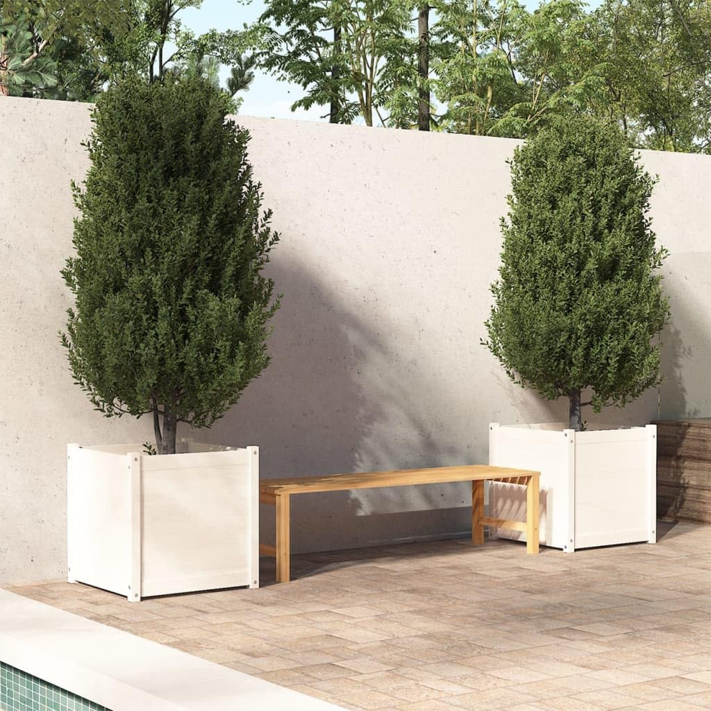 Foknhdi 2 Pack 23.6 in White Square Solid Pine Wood Large Planter Box, Raised Garden Bed Outdoor with Drainage Holes, Minimalist Patio Herb Flower Pot for Balcony, Yard and Garden