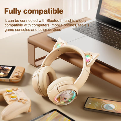 PHNIXGAM Cat Bluetooth Headphones, Wireless Headset with Mic, RGB LED Light Compatible with Mobile Phones PC Tablet, with 3.5mm Wired Mode for Audio Only, Beige