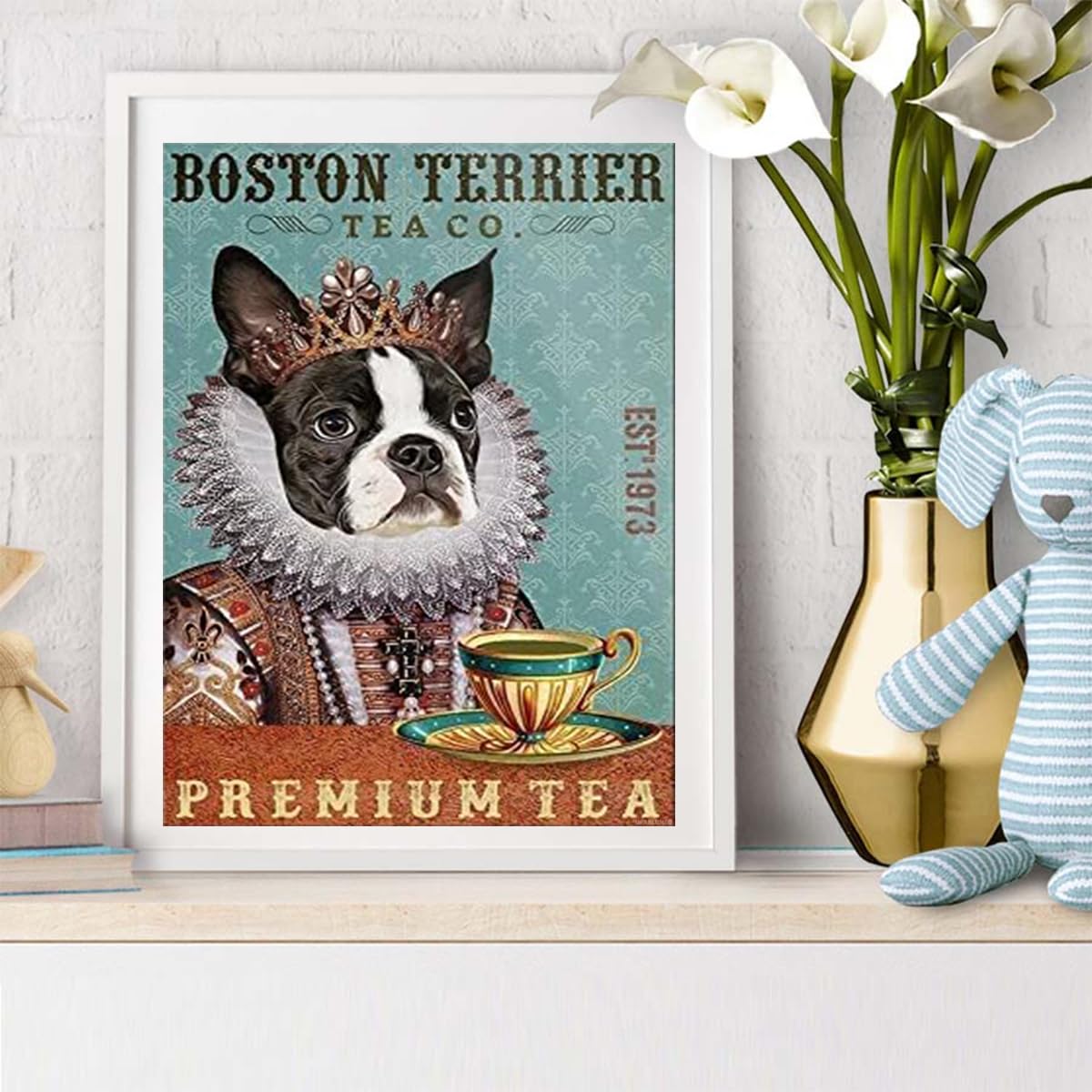 UPABLUNSO Christmas Gift Boston Terrier Dog Tea Diamond Painting Kits for Adults Diamonds Art Paint with Diamonds DIY 5D Round Full Drill Art 12x16 inch Suitable for New Year, Valentine's Day