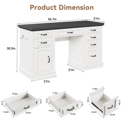Jocoevol Farmhouse 57" Executive Desk with 7 Drawers, Home Office Desk with File Cabinet Storage, Computer Desk with Charging Station and Headphone Hook for Work, Study, Writing, White